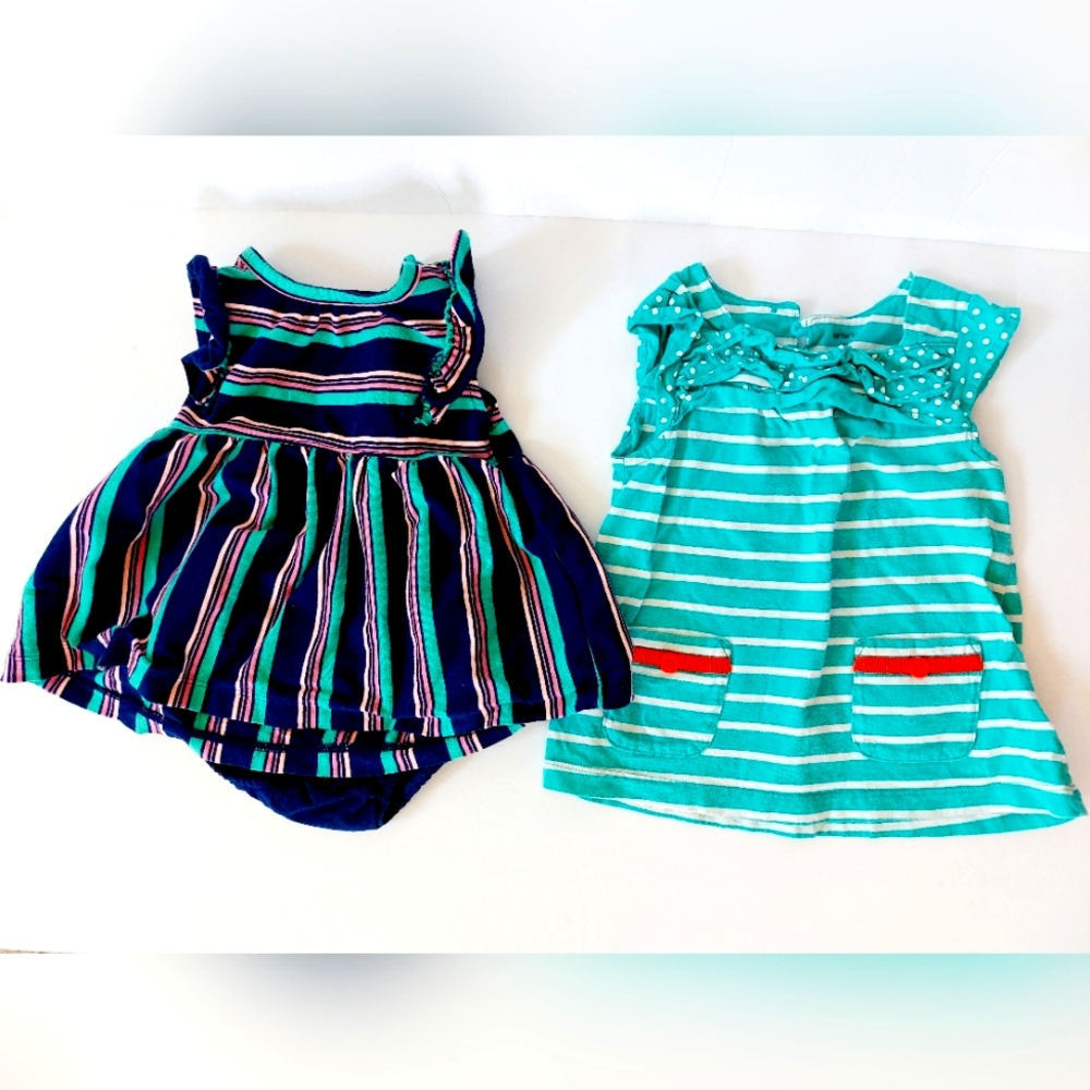 Set of 2 Stripe Dresses Aqua & Navy Blue 18 months Carters with 1 pair Bloomers